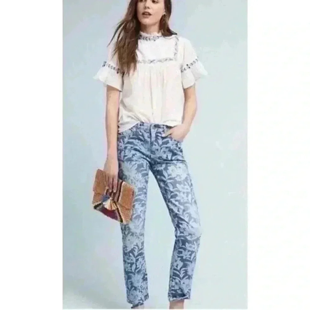 ANTHROPOLOGIE PILCRO AND THE LETTERPRESS SLIM BOYFRIEND FADED DENIM FLORAL JEANS